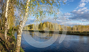 Spring landscape at the Ural river with birch, Russia