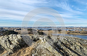 Spring landscape view of Hafrsfjord fjord and its coastline from Tananger suburb