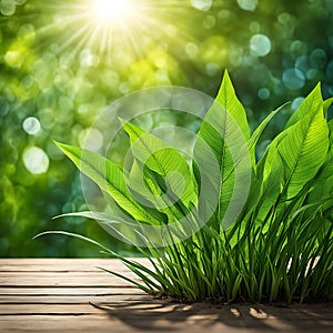 Spring landscape through wooden boards a green sprout grows