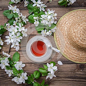 Spring layout with branches of a flowering apple tree, a cup of tea and a straw hat