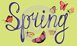 Spring letter with cute butterflies. Springtime seasonal lettering or inscription. Hand drawn. Vector illustration in