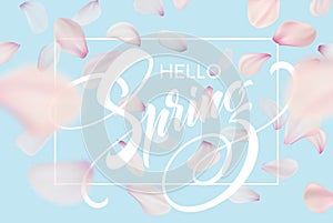 Spring lettering web banner template. Color pink sakura cherry blossom flower blue sky landscape background design
