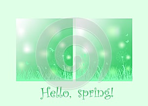 Spring light green backgrounds for web banner, Easter greeting card with grass, dandelions, dragonfly, bluebell and butterflies