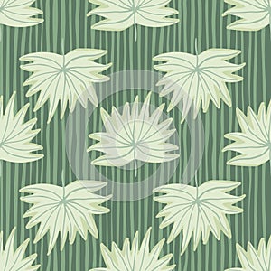 Spring light tropic foliage seamless pattern. Background with green strips. Stylized artwork