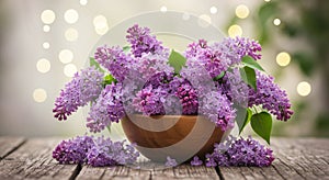 Spring Lilac Bouquet in Wooden Bowl Vibrant purple lilac flowers arranged in a rustic wooden bowl bokeh background photo