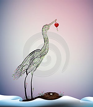 Spring love, crane bird look like tree branches with the nest and hold red heart, valentines day surreal composition,