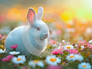 Spring Magic: Easter White Bunny on a Lawn with Bright Flowers . created by AI