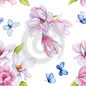 Spring magnolia blooming flowers, butterfly. Seamless pattern pink blossom, branches. Design spring floral background