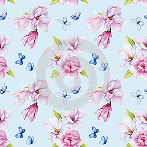 Spring magnolia blooming flowers, butterfly. Seamless pattern pink blossom, branches. Design spring floral background