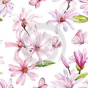 Spring magnolia blooming flowers. Seamless pattern pink butterfly, blossom, branches. Design spring floral background