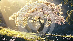 Spring Magnolia Tree in a Meadow