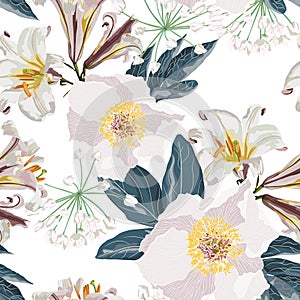 Spring marriage white blossom floral seamless pattern. Vintage background.