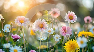 Spring Meadow Abloom: White & Pink Daisies and Yellow Dandelions on a Sunny Day