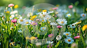 Spring Meadow Abloom: White & Pink Daisies and Yellow Dandelions on a Sunny Day