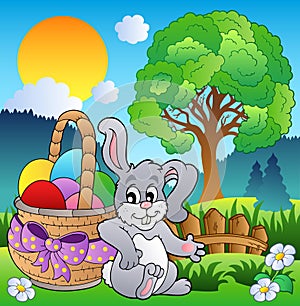 Spring meadow with bunny and basket