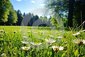 Spring meadow with daisies and green grass in sunny day