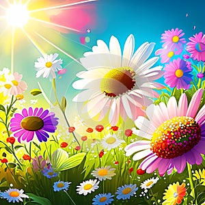 Spring meadow with daisies and sun on blue sky background Generative AI