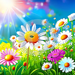 Spring meadow with daisies and sun. Vector illustration. AI generated