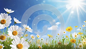 Spring meadow with daisies and sunbeams. Nature background