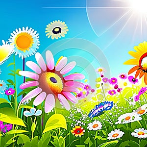Spring meadow with daisies and sunflowers. Vector illustration. AI generated