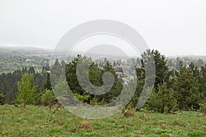 Spring meadow, forest and residential district of the Bulgarian village of Plana in the fog photo