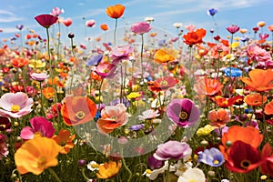 Spring meadow with multi-colored forest flowers and blue sky in the background.