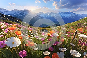 Spring meadow with multi-colored forest flowers and mountain peaks in the background.