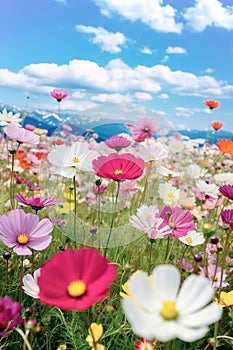 Spring meadow with multi-colored forest flowers and mountain peaks in the background.