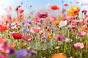Spring meadow with multi-colored forest flowers. Vibrant colours, blooming flowers.