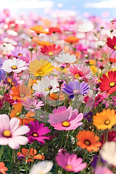 Spring meadow with multi-colored forest flowers. Vibrant colours, blooming flowers.