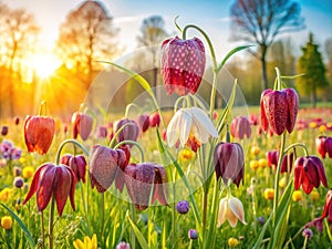 A Spring Meadow Symphony SunKissed Tulips Snakeshead Fritillaries and Persian Lilies Dance in a Vibrant Floral Tapestry photo