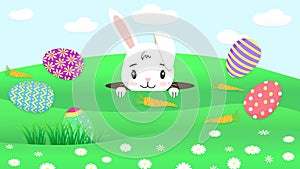 Spring meadow, white daisies, grass, colorful eggs, carrots, sky, clouds, rabbit mink. Cute rabbit jumps out of a mink, eggs rolli