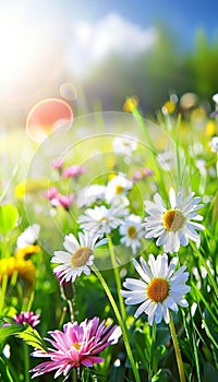 Spring meadow with white and pink daisies and yellow dandelions under sunny blue sky, copy space
