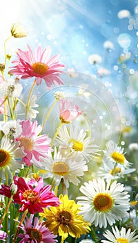 Spring meadow with white and pink daisies, yellow dandelions under sunny blue sky, copy space