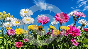 Spring meadow with white and pink daisies, yellow dandelions under sunny blue sky for text placement