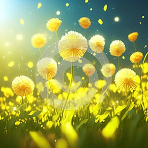 Spring meadow with yellow dandelions and bokeh effect AI generated