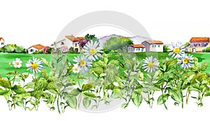 Spring meadows around a rural house. Seamless border. Watercolor illustration of village buildings with garden