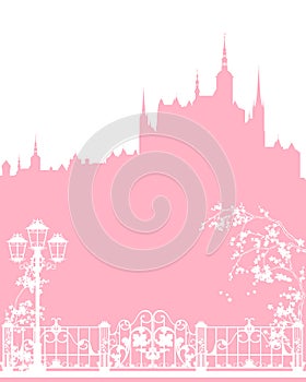 spring in medieval town with blossom tree branches and fairy tale castle vector silhouette