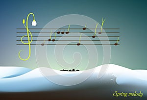 Spring melody concept, grass and flower sprouts look like music notes, spring music creative idea,