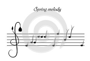 Spring melody concept, grass and flower sprouts look like music notes, spring music creative idea, black and white