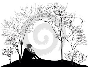 Spring melody, silhouette of the boy sitting on the hill lawn and playing on reed pipe, black and white,