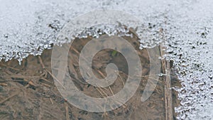 Spring melting of ice on small river. Water flow under ice.