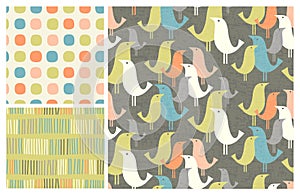 Spring mid-century style birds pattern with 2 coordinating patterns. photo
