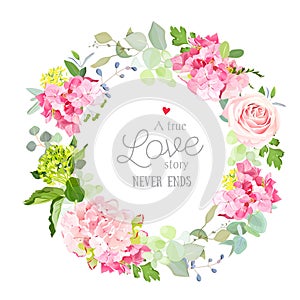 Spring mix of rose, hydrangea, herbs round vector frame