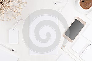 Spring modern blank white business stationery set with letterhead, card, label, paper, phone, coffee, flowers on white board.