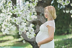 Spring mood, beautiful pregnant woman smell flowering cherry tree, enjoying nature, white floral garden