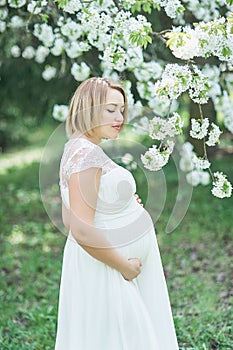 Spring mood, beautiful pregnant woman smell flowering cherry tree, enjoying nature, white floral garden