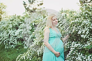 Spring mood, beautiful pregnant woman smell flowering tree, enjoying nature, pink floral garden. future mother relaxing and
