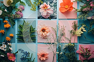 Spring moodboard of various flowers and plants. Layout, collage. The image is generated with the use of an AI.