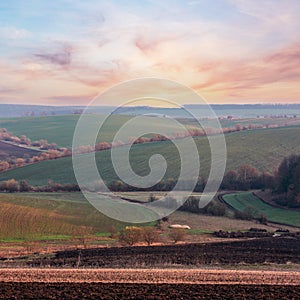 Spring morning arable and growth fields and countryside